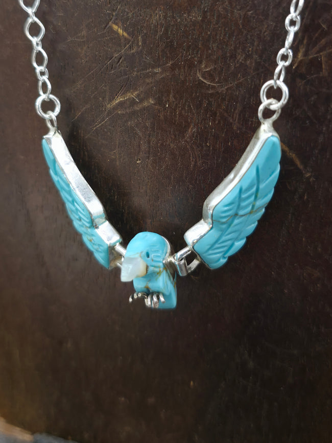 Sterling Silver, Carved Turquoise and Mother of Pearl Eagle Necklace by Ben Livingston - 21 in.