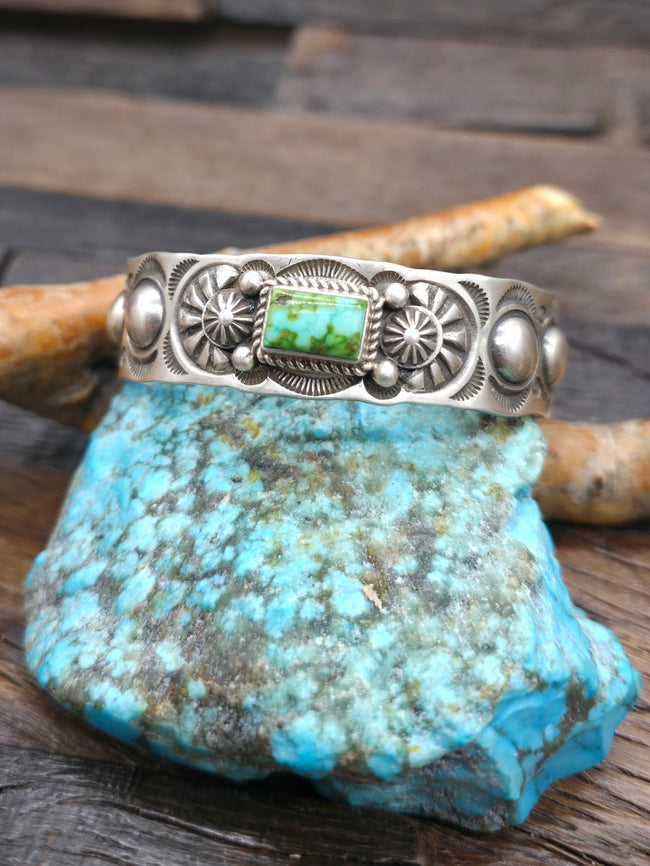 Stamped Sterling Silver and Sonoran Turquoise Cuff by Dean Sandoval - 6 1/2 in. with Gap