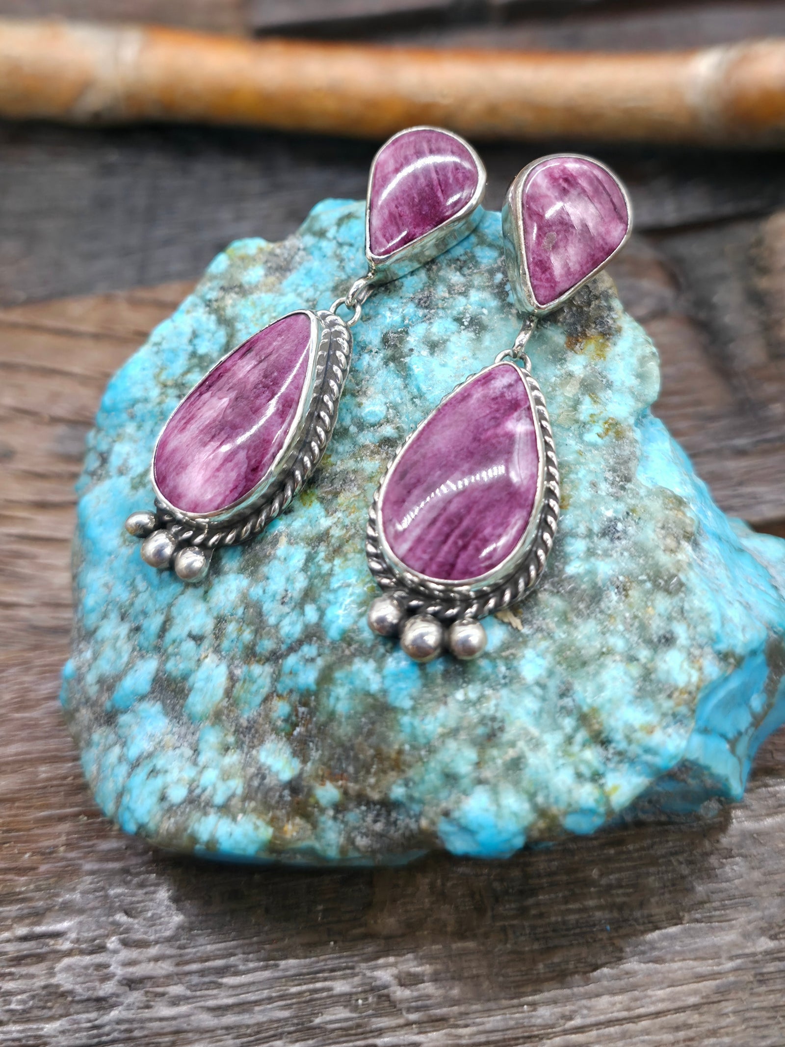 Sterling Silver Purple Spiny Post Earrings by Linda Yazzie - 2 1/4 in. by 3/4 in.