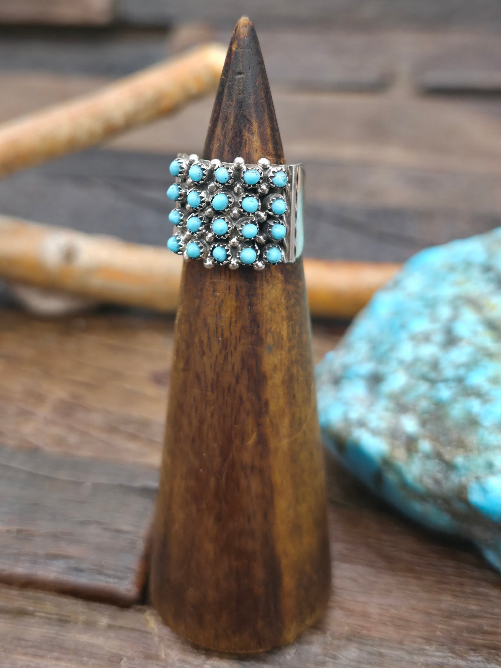 Sterling Silver Turquoise Zuni Petit Point Ring by S. Haloo - Size 6 1/2