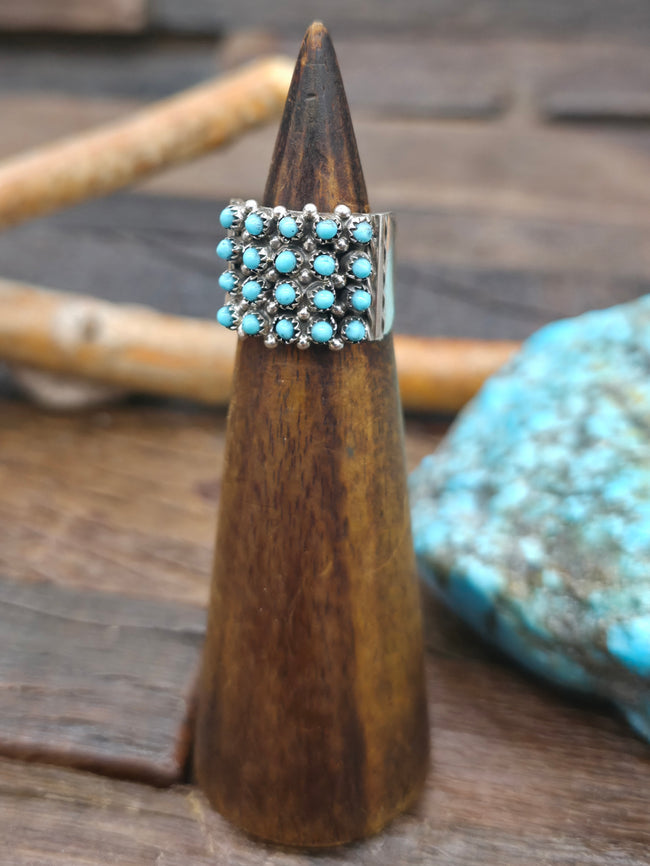 Sterling Silver Turquoise Zuni Petit Point Ring by S. Haloo - Size 6 1/2