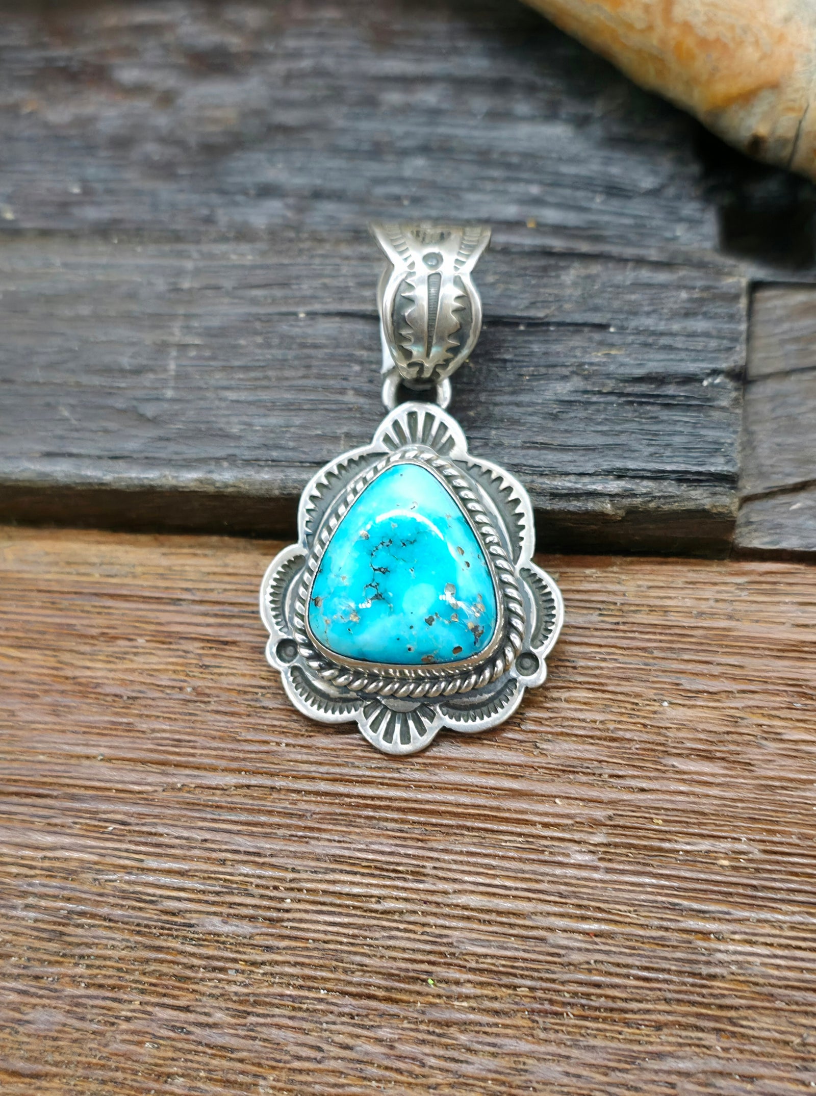 Stamped Sterling Silver and Blue Turquoise Pendant by Happy Piasso