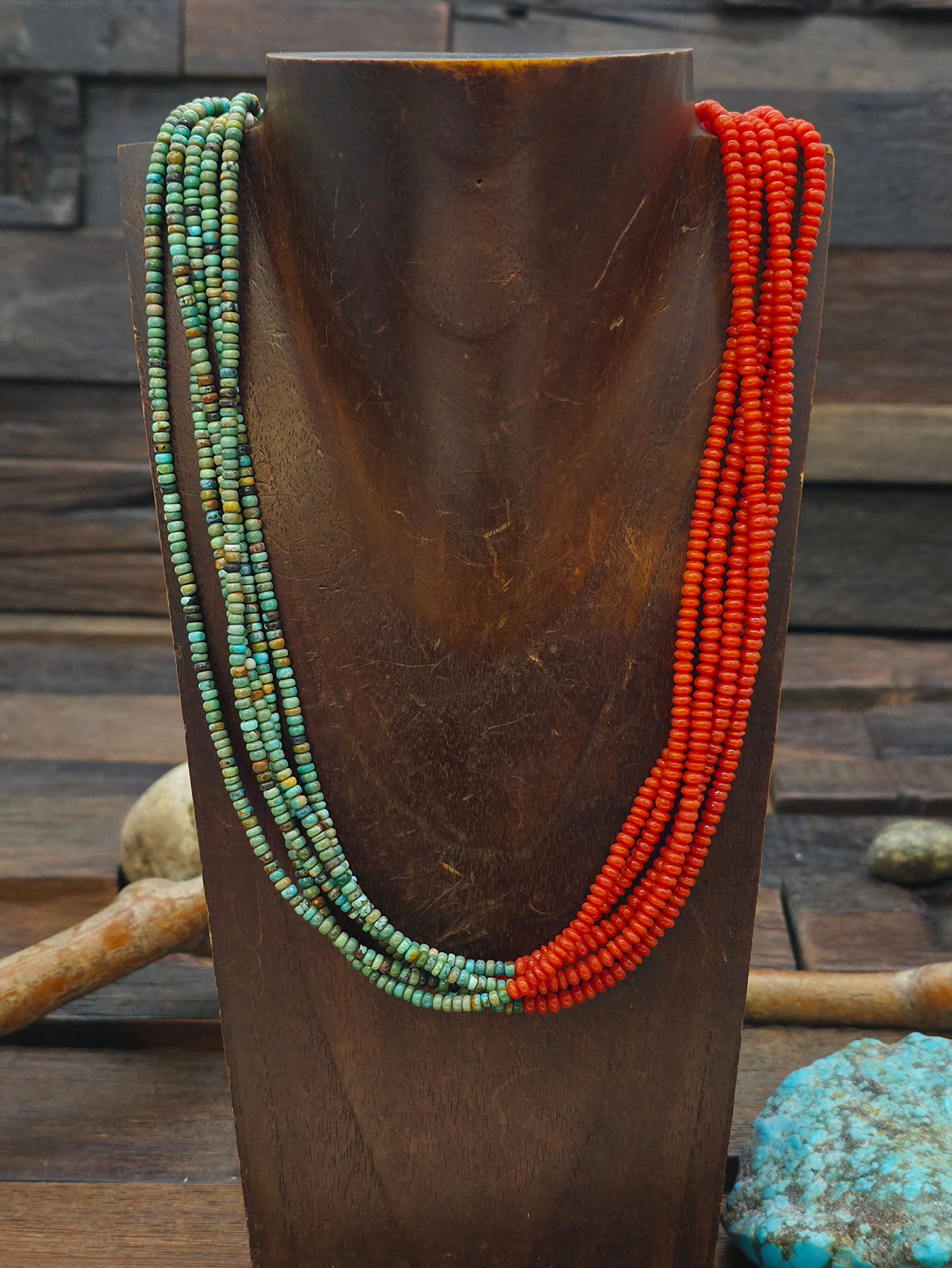 Five Strand Turquoise and Coral Colorblock Necklace by Fred Archuleta - 18 in.