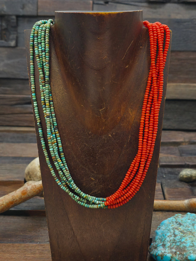 Five Strand Turquoise and Coral Colorblock Necklace by Fred Archuleta - 18 in.