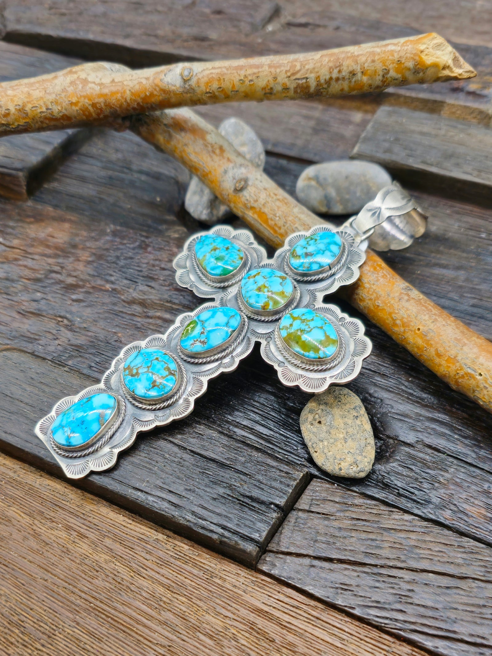 Sterling Silver Kingman Turquoise Cross Pendant by S. Tso