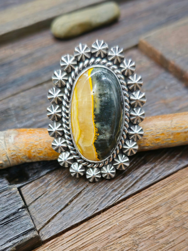 Large Bumblebee Jasper Ring with Sterling Silver Repousse - Adjustable