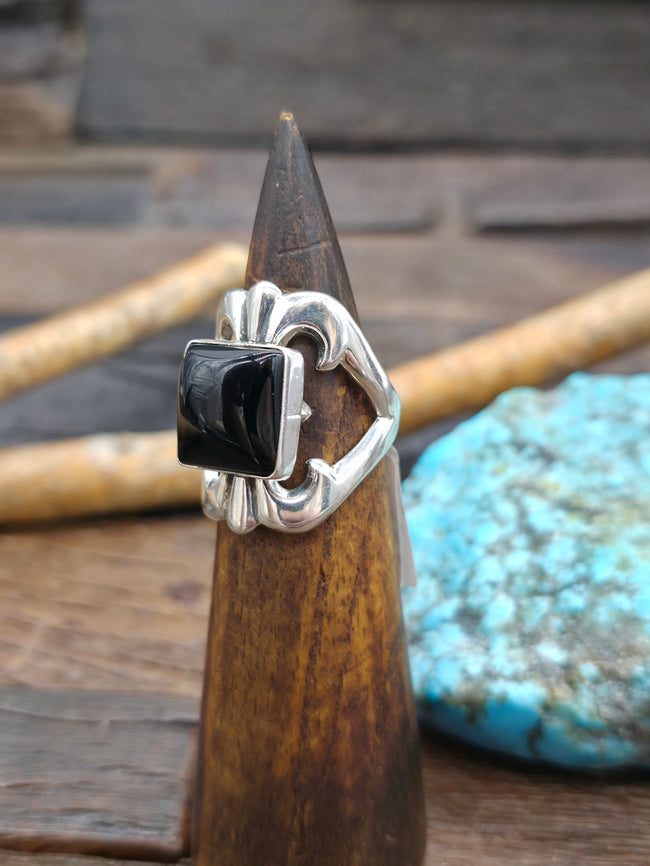 Cast Sterling Silver Onyx Ring by Kevin Yazzie - Size 10