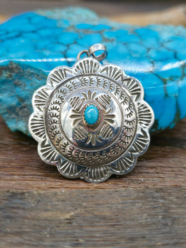 Stamped Sterling Silver Circular Concha Pendant with Turquoise by Bertha Begay - Designs Vary - 1 1/2 in. Diameter