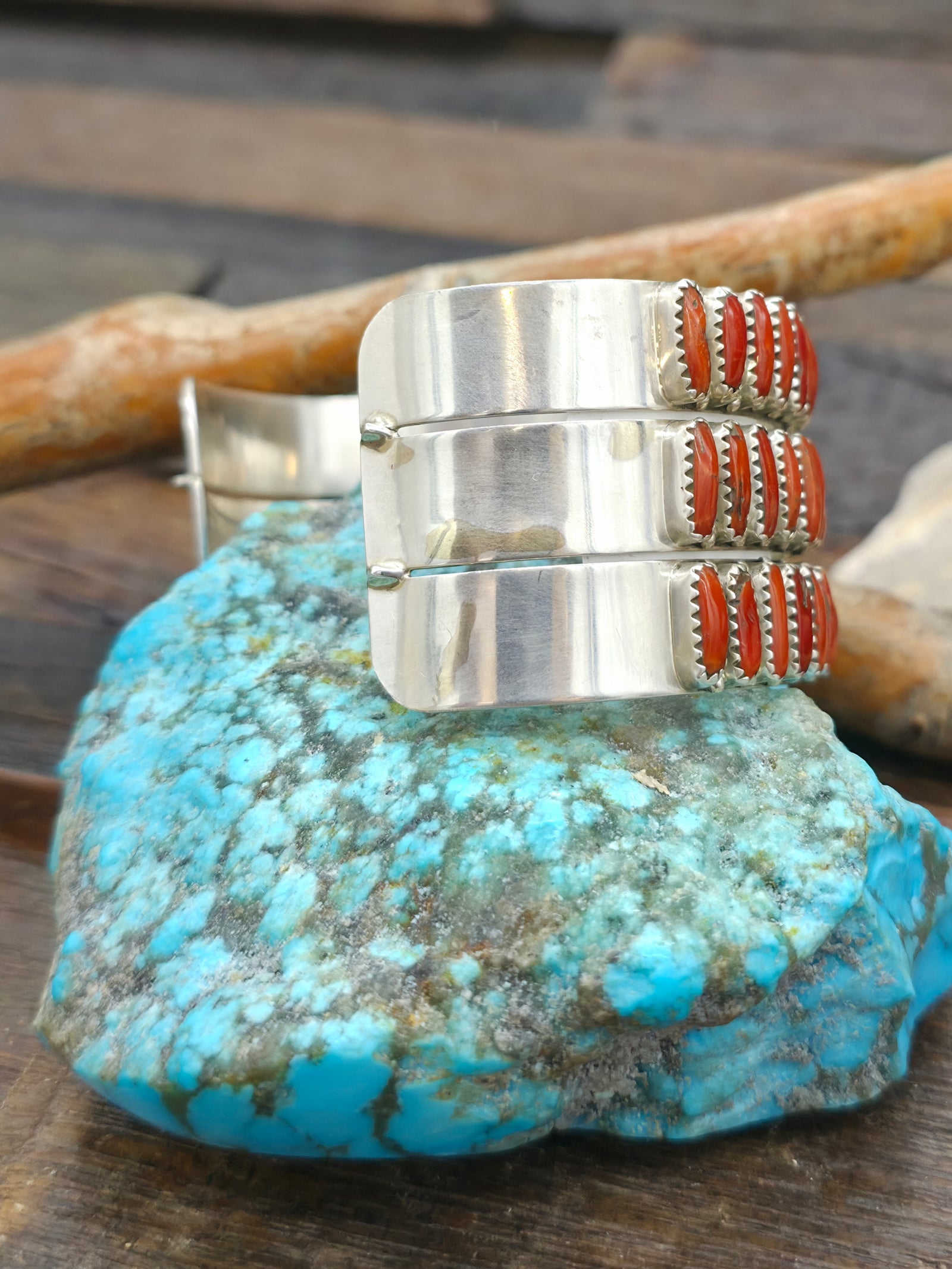 Three Row Sterling Silver Coral Bracelet by E. Wilson - 7 in. with Gap