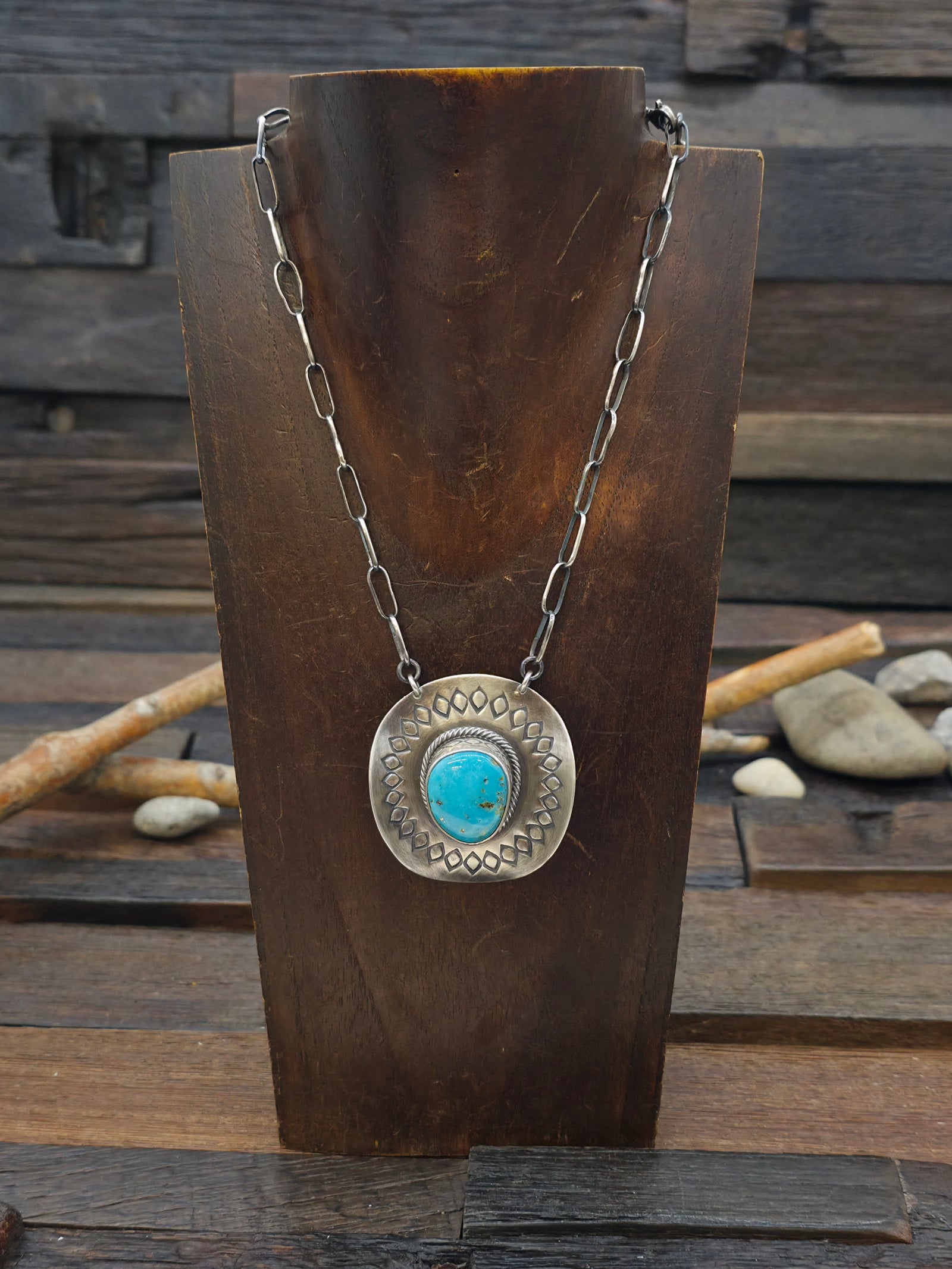 Stamped Sterling Silver Turquoise Cowboy Hat Necklace by Randy Boyd - 19 in.