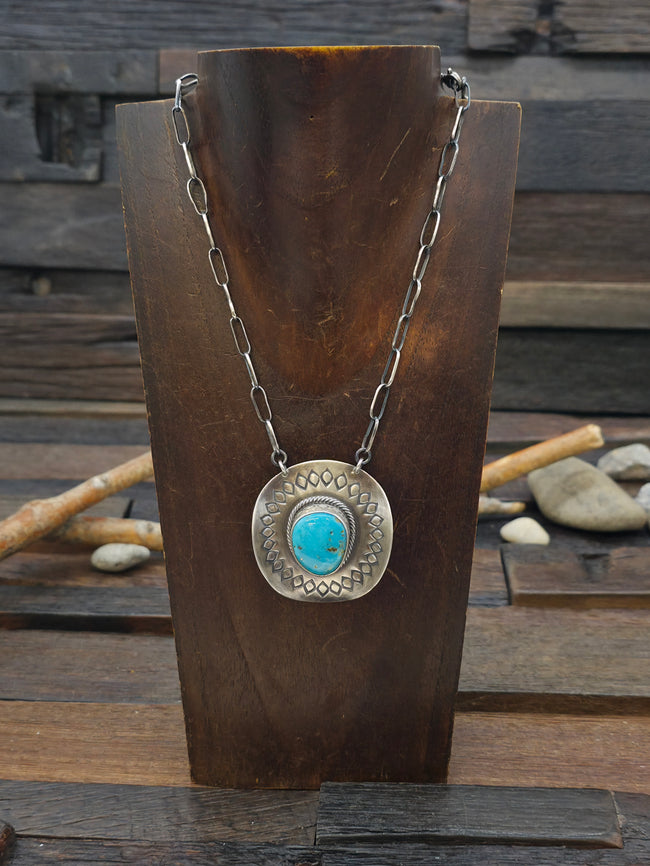 Stamped Sterling Silver Turquoise Cowboy Hat Necklace by Randy Boyd - 19 in.