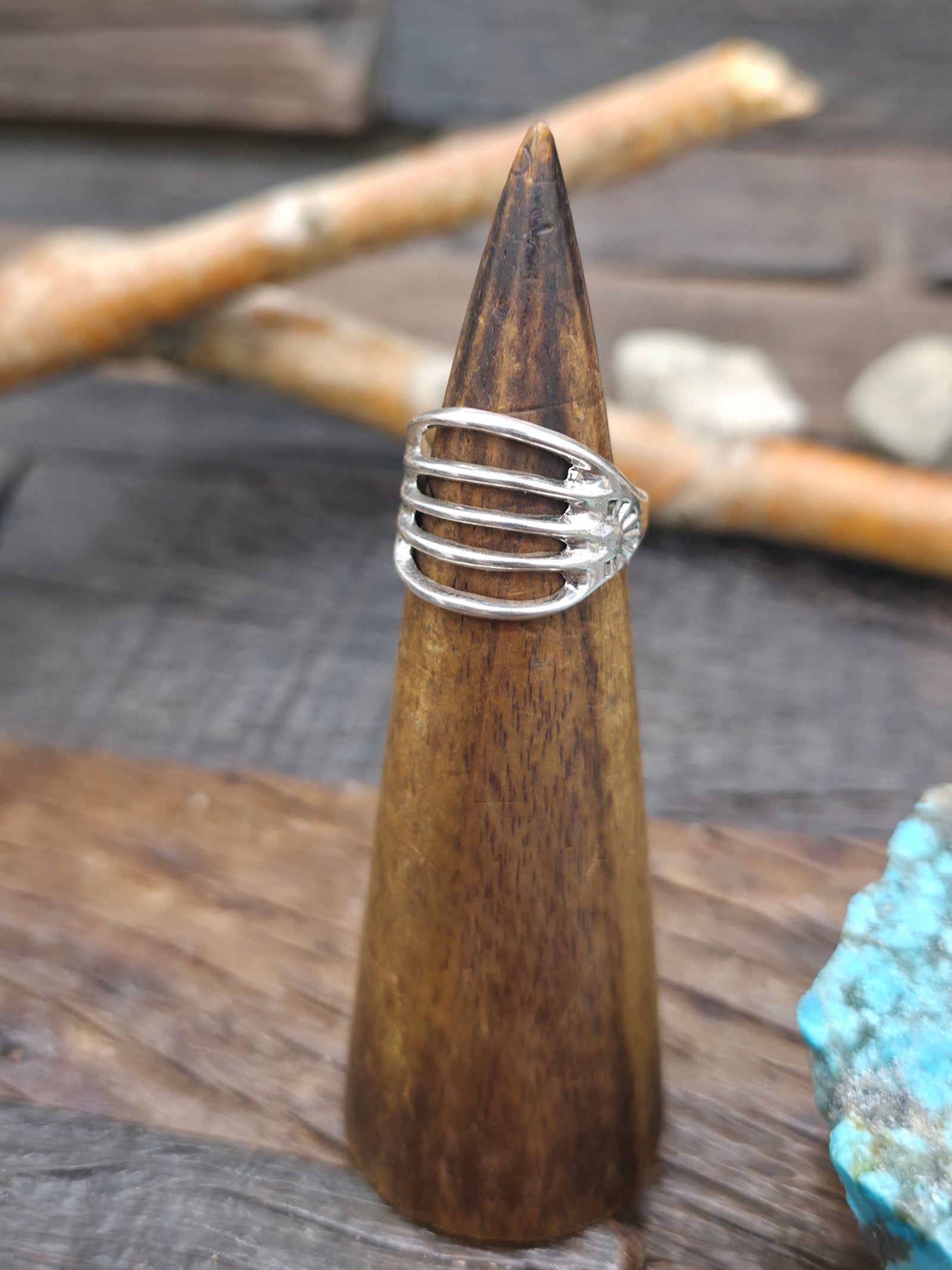 Five Row Stamped Sterling Silver High-Shine Ring by F. L. Begay - Size 7 1/2