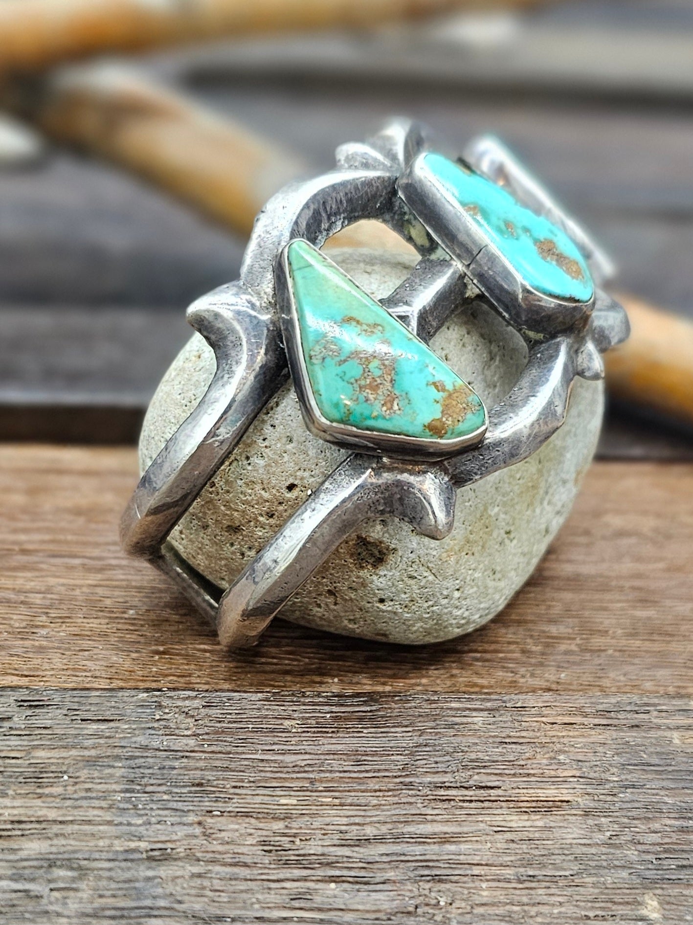 Vintage/Estate Three Stone Turquoise Sandcast Sterling Silver Cuff - 6 1/2 in.
