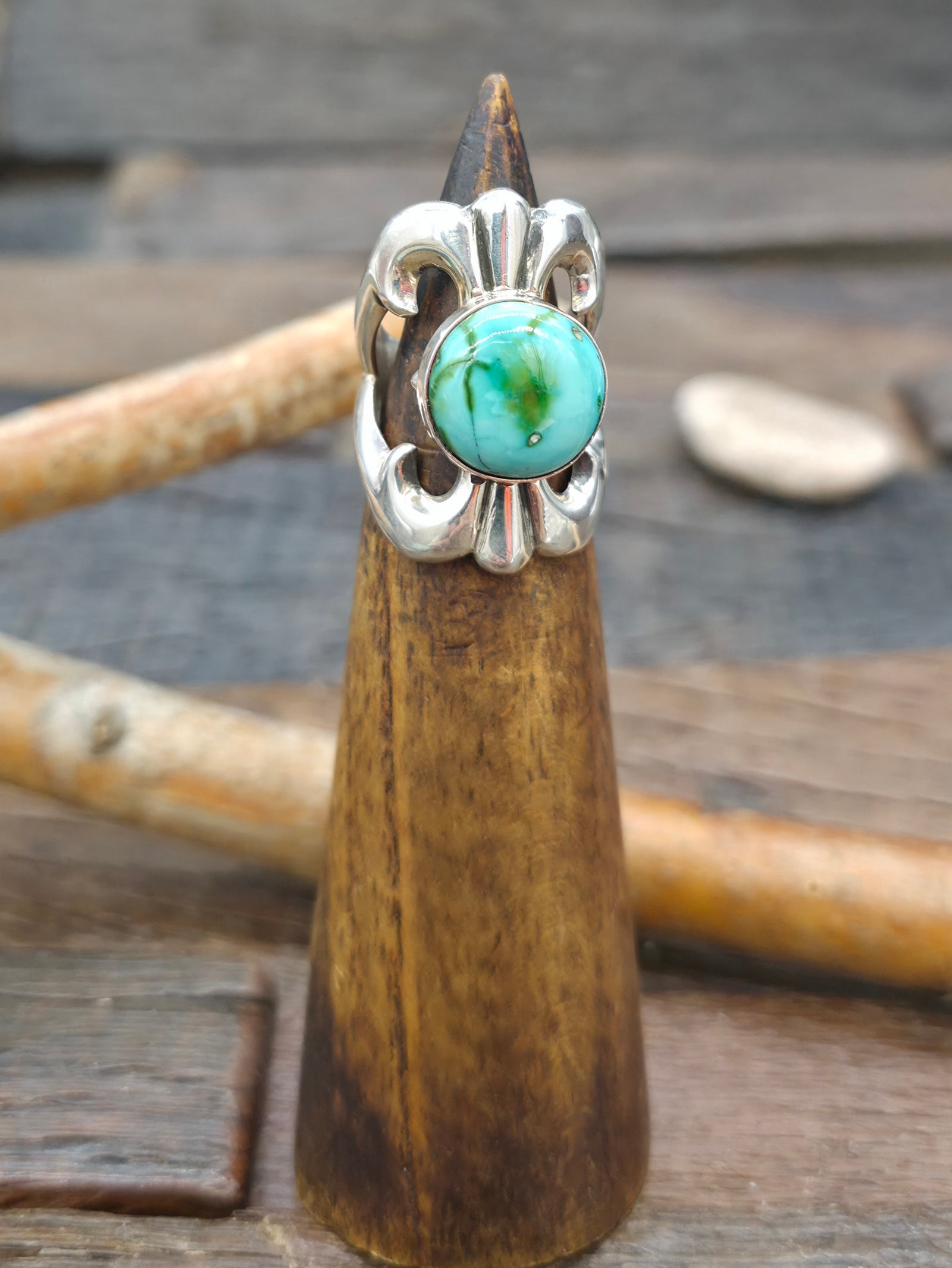 Cast Sterling Silver Sonoran Turquoise Ring by Kevin Yazzie - Size 6