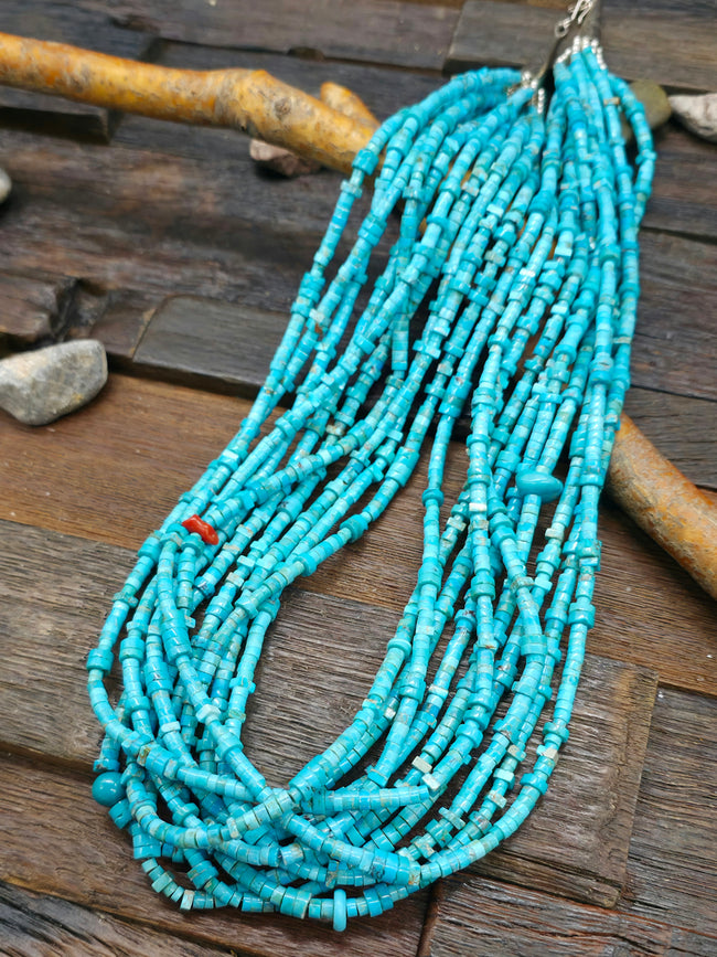Turquoise Heishi and Sterling Silver Necklace by Fred Archuleta - 26 in