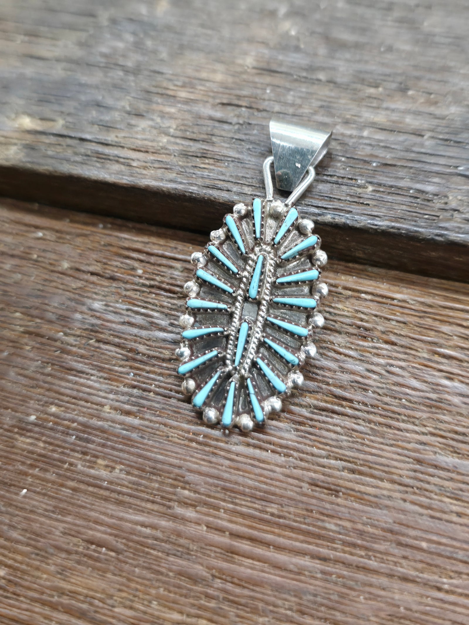 Sterling Silver and Blue Turquoise Zuni Needlepoint Pendant by Shirley Lahi - 1 1/2 in. by 3/4 in.