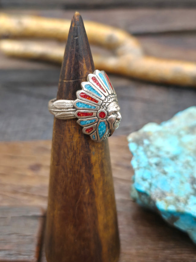 Sterling Silver Turquoise and Coral Chip Inlay Chief Ring - Size 8 - NON NATIVE MADE
