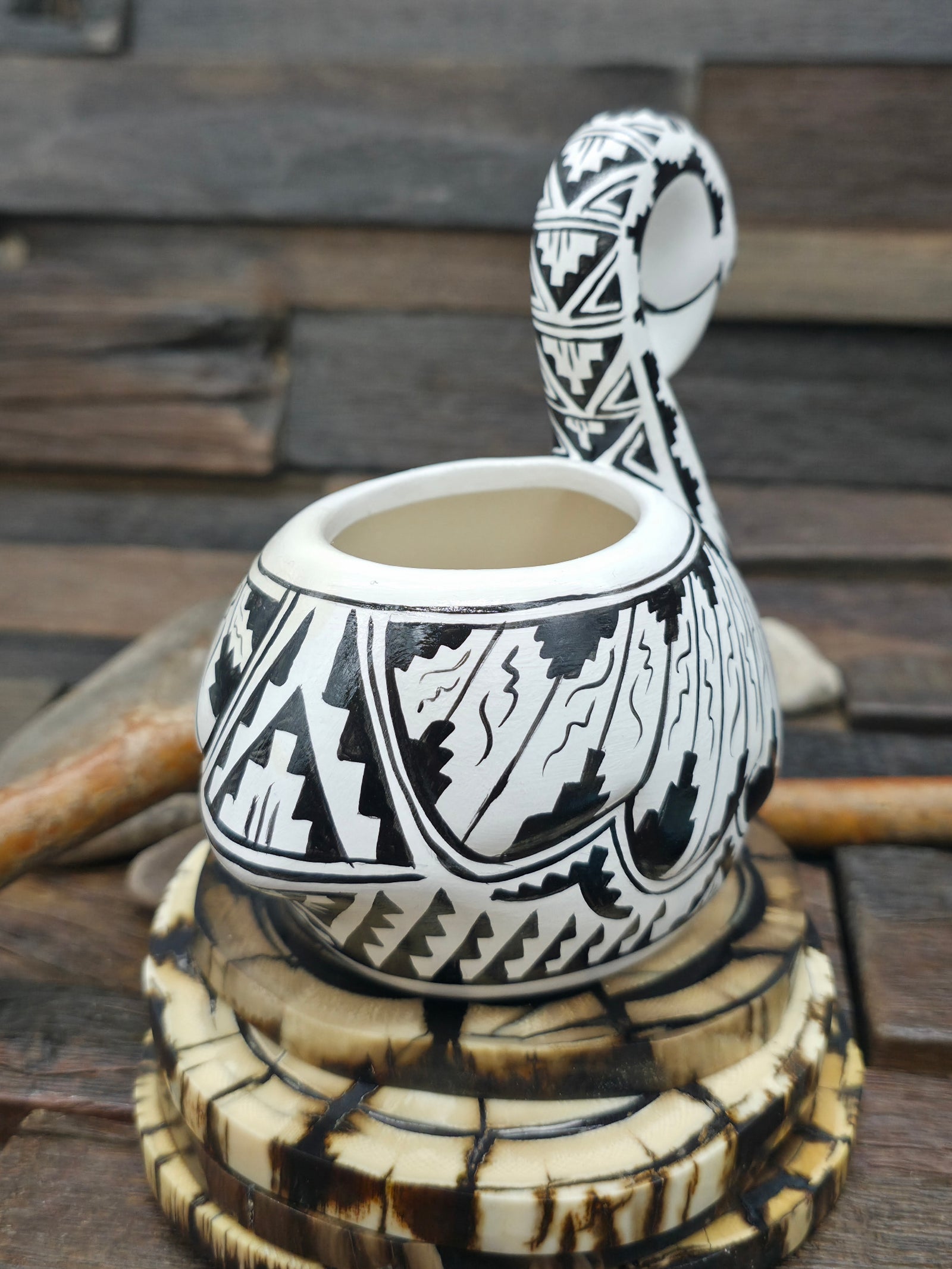 Hand Painted Black and White Swan Planter by A. Tsosie - 5 in. by 5 in. by 2 1/2 in.