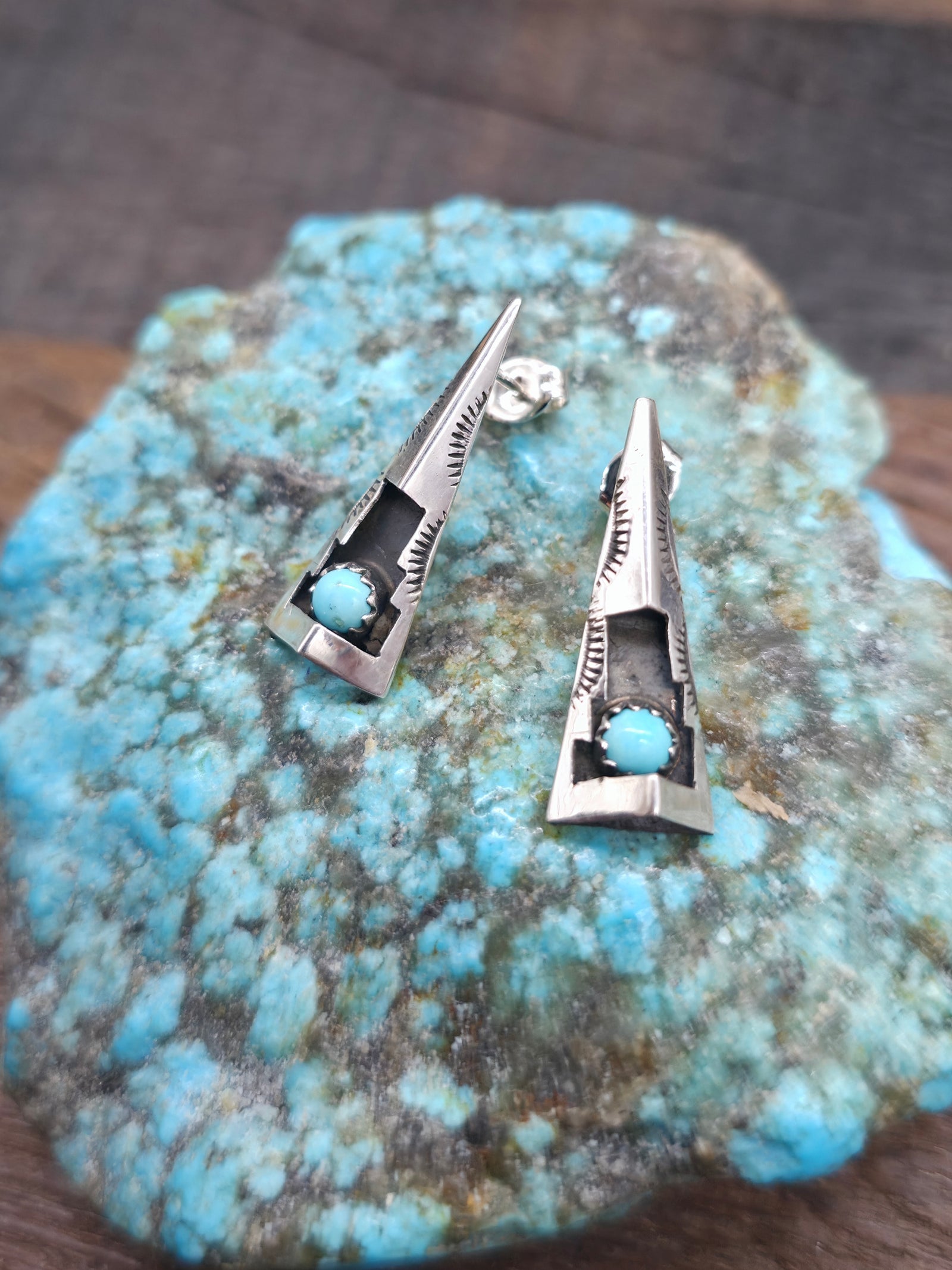 Sterling Silver and Turquoise Pyramid Shadowbox Post Earrings by Felix Perry - 1 in. by 5/8 in.