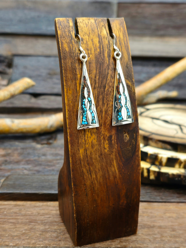 Sterling Silver Chip Inlay Coral and Turquoise Earrings by Joleen Yazzie