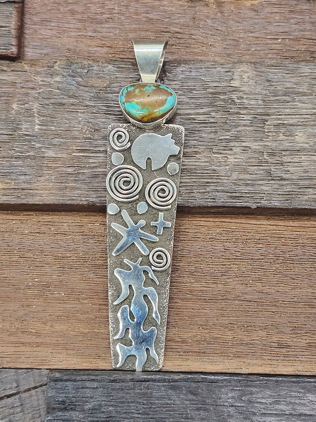 Large Sterling Silver Turquoise Pendant by Alex Sanchez - 5 in. by 1 1/4 in.