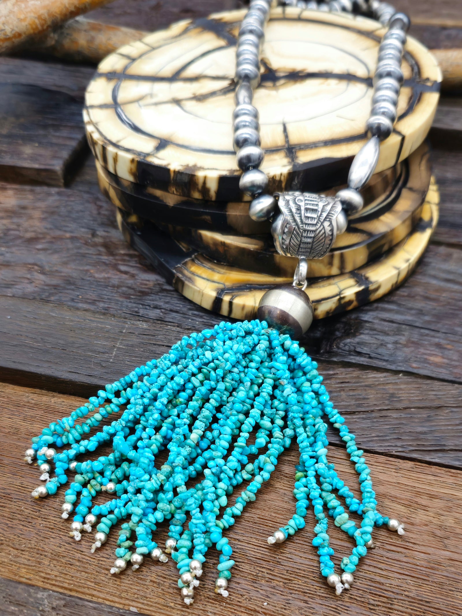 Turquoise Tassel Bead Pendant on Sterling Silver Oxidized Beads 24 in.