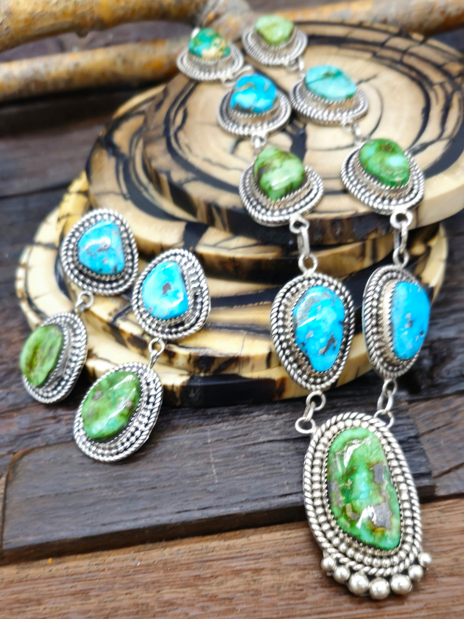 Blue and Green Turquoise Lariat Necklace and Earring Set by LaRose Ganadanegro