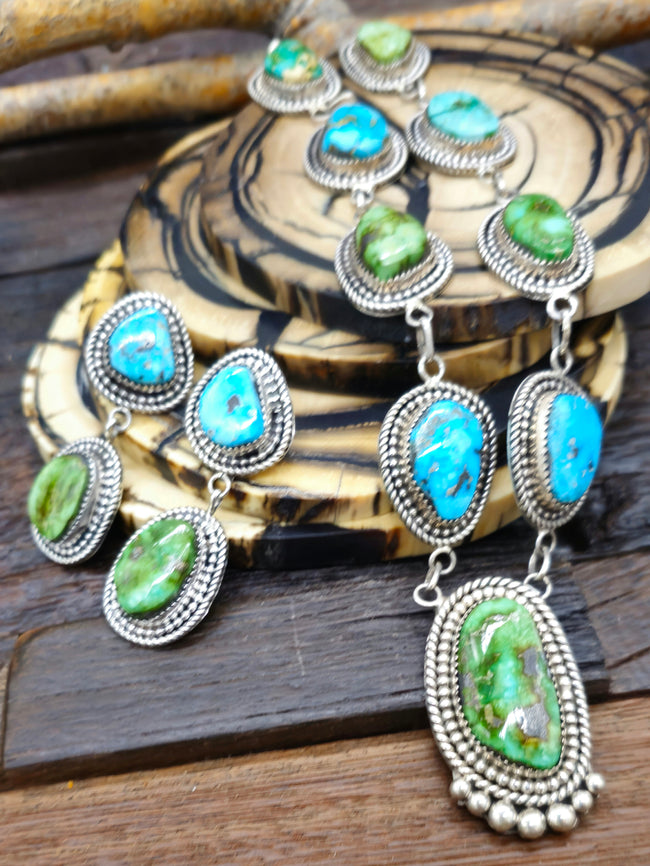 Blue and Green Turquoise Lariat Necklace and Earring Set by LaRose Ganadanegro