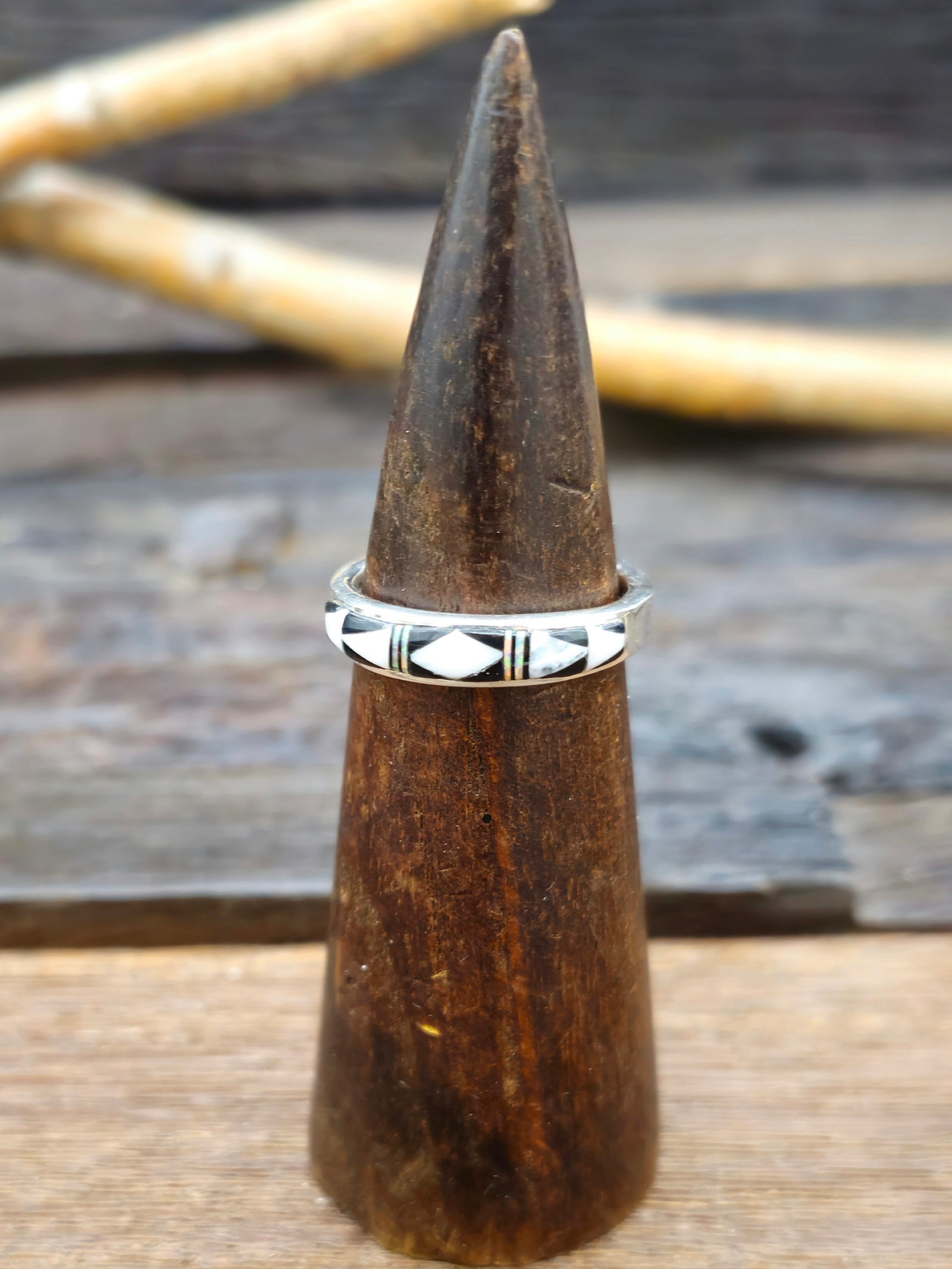 White Buffalo, Onyx, and Opal Sterling Silver Ring by Albert Topaha - Size 10 1/2