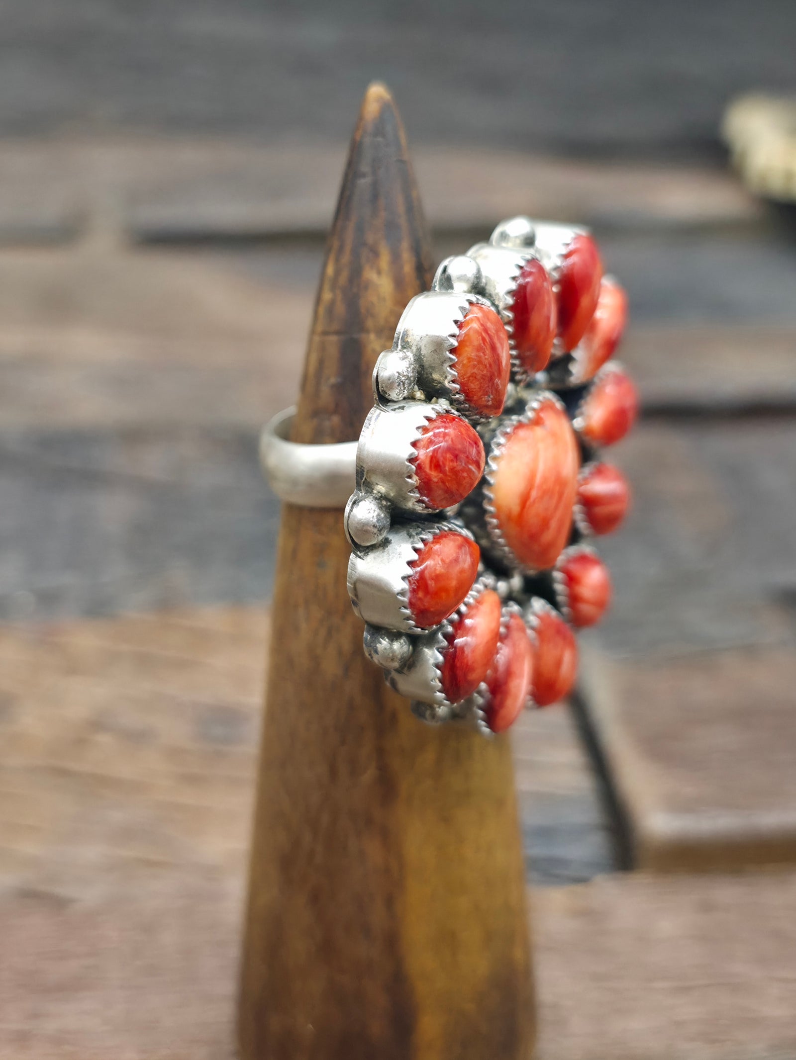 Sterling Silver Spiny Oyster Heart Cluster Ring by "MJ" - Adjustable