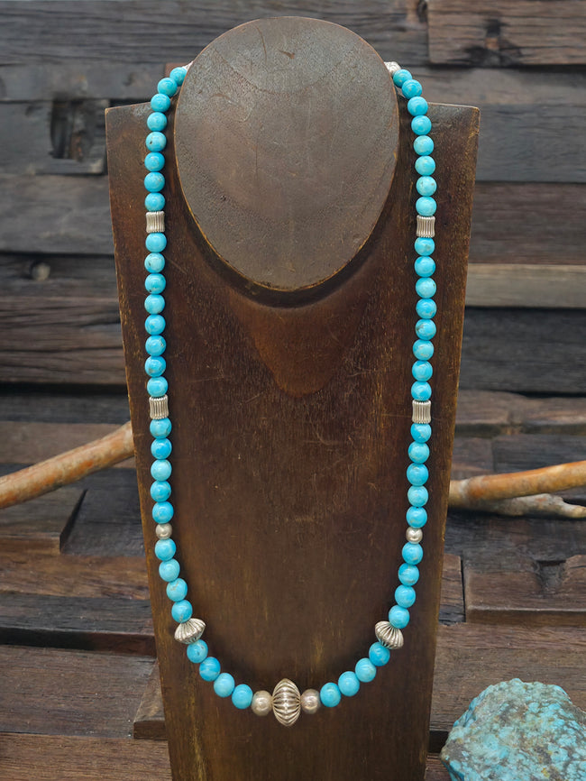 Blue Turquoise and Fluted Sterling Silver Bead Necklace - 24 in.