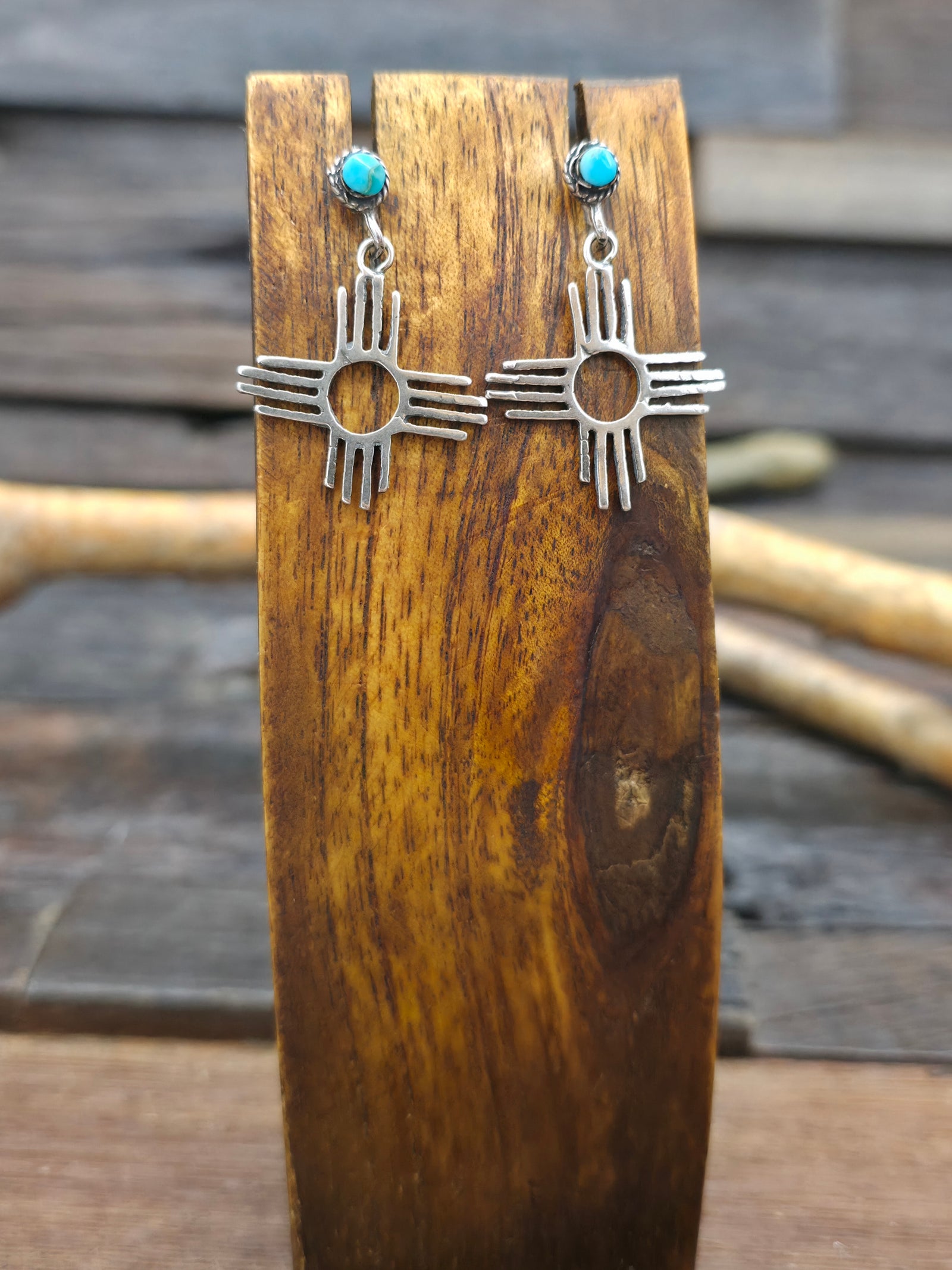 Sterling Silver Turquoise Zia Symbol Post Dangle Earrings NON NATIVE MADE