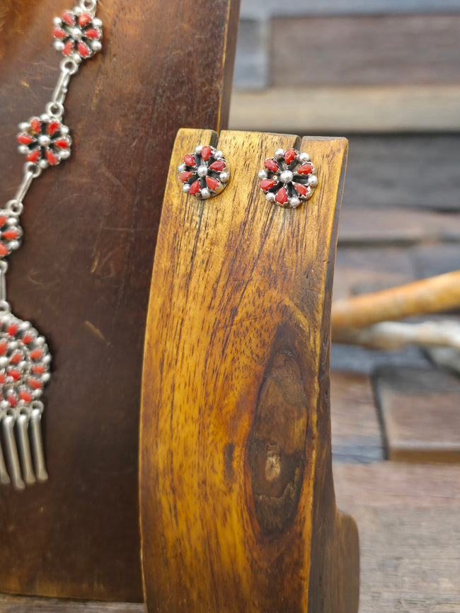 Zuni Sterling Silver and Coral Lariat Necklace and Earring Set by Tricia Leekity - 19 in. with 2 1/4 in. Drop