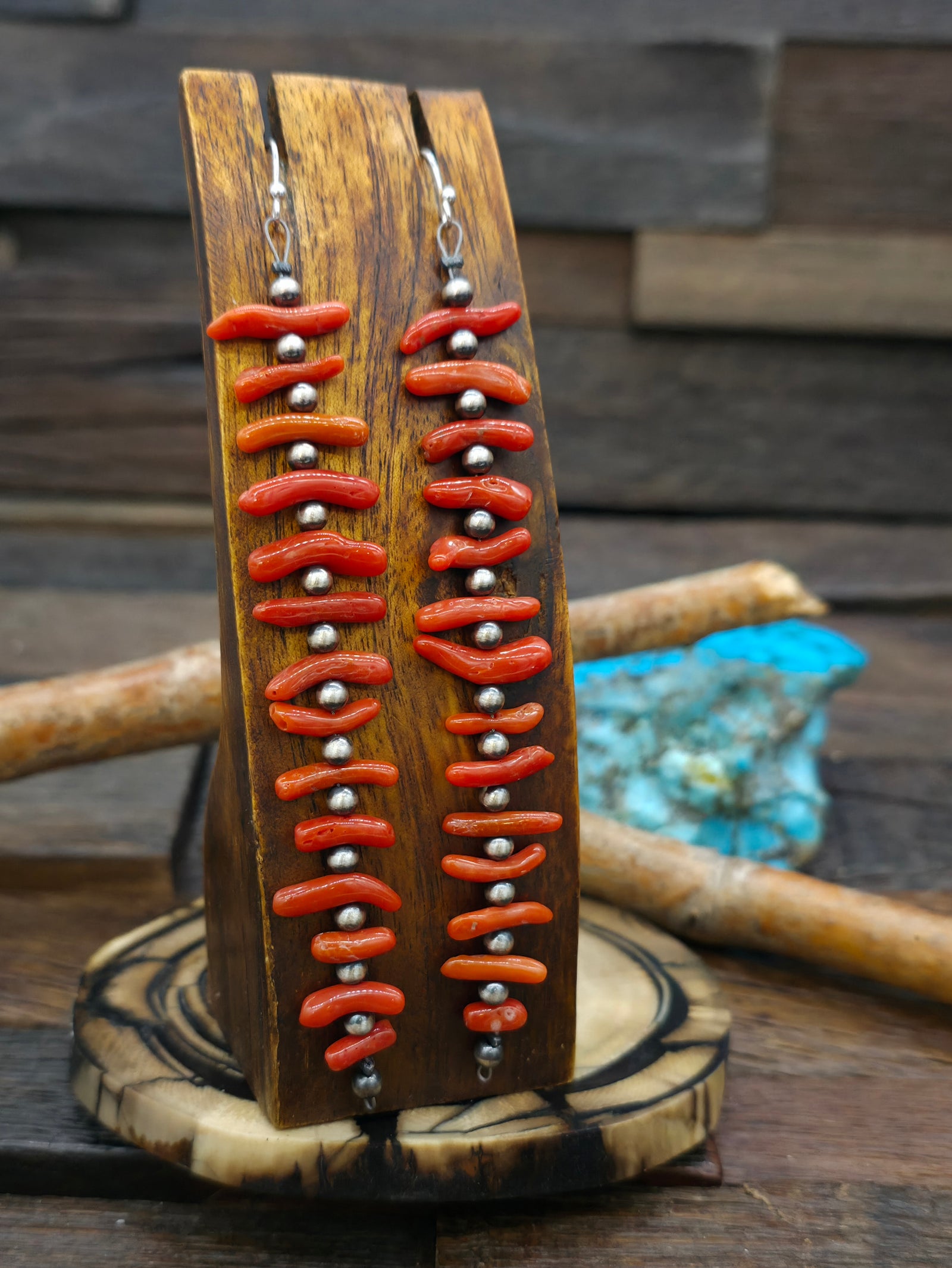 Long Branch Coral and Sterling Silver Bead Earrings - 5 in.