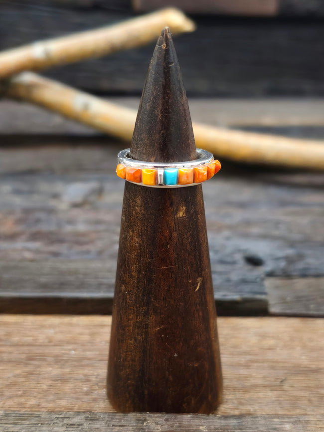 Orange Spiny and Turquoise Cobblestone Inlay Sterling Silver Ring by Albert Topaha - Size 7