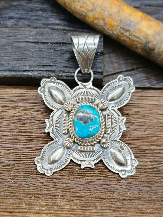 Blue Gem Turquoise Pendant with Stamped Sterling Silver by Dean Sandoval