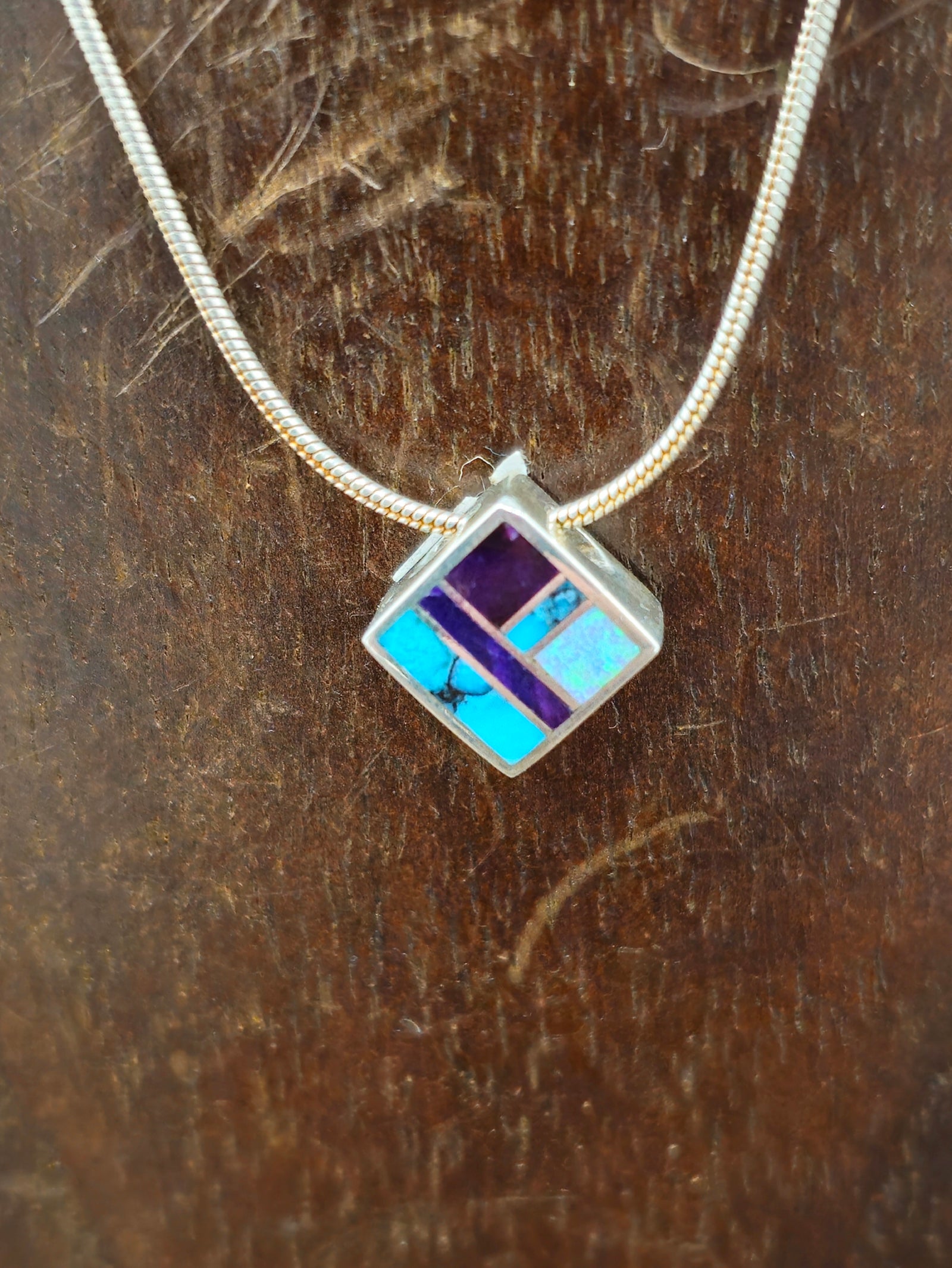 Turquoise, Sugilite, and Opal Sterling Silver Square Pendant Necklace - 18 in