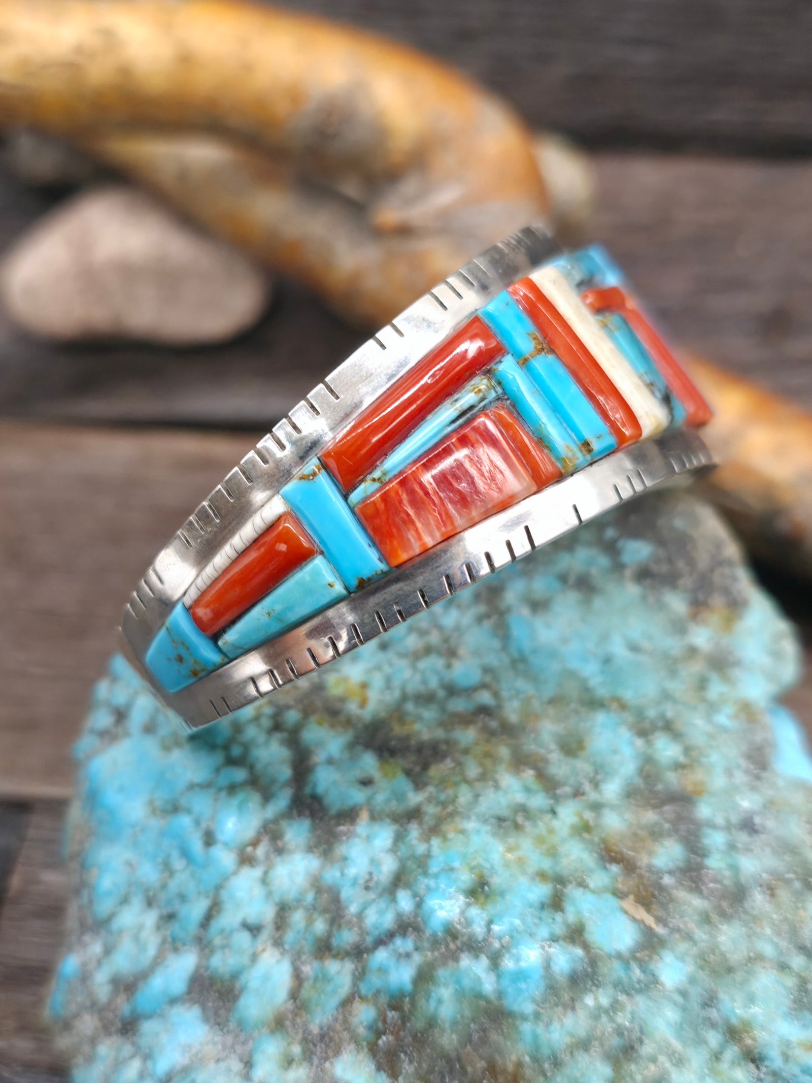 Multistone Sterling Silver Cobblestone Inlay Cuff by David Tune - 6 1/2 in. w/gap