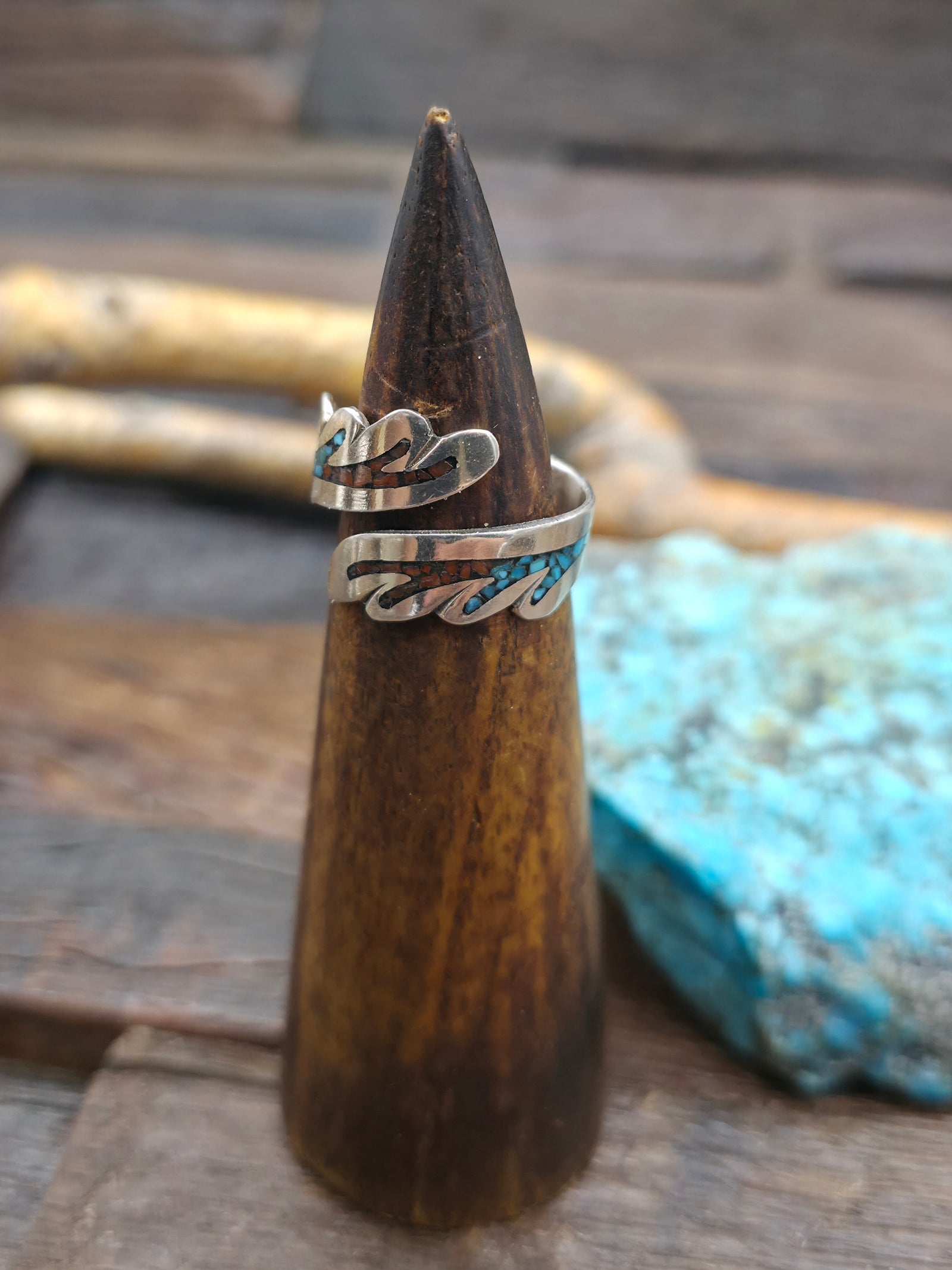 Sterling Silver Wrap Ring with Turquoise and Coral Chip Inlay by Jolene Yazzie - Size 8