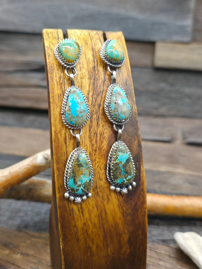 Three Stone Sterling Silver Turquoise Post Dangle Earrings - 3 in. by 1/2 in.