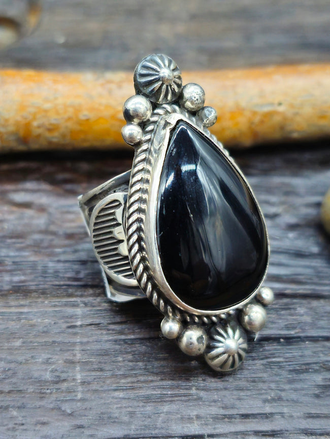 Teardrop Stone Sterling Silver Black Onyx Ring by Albert Jake - Size 8