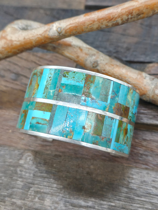 Sterling Silver Turquoise Inlay Cuff by "LH" - 7 1/4 in. with Gap