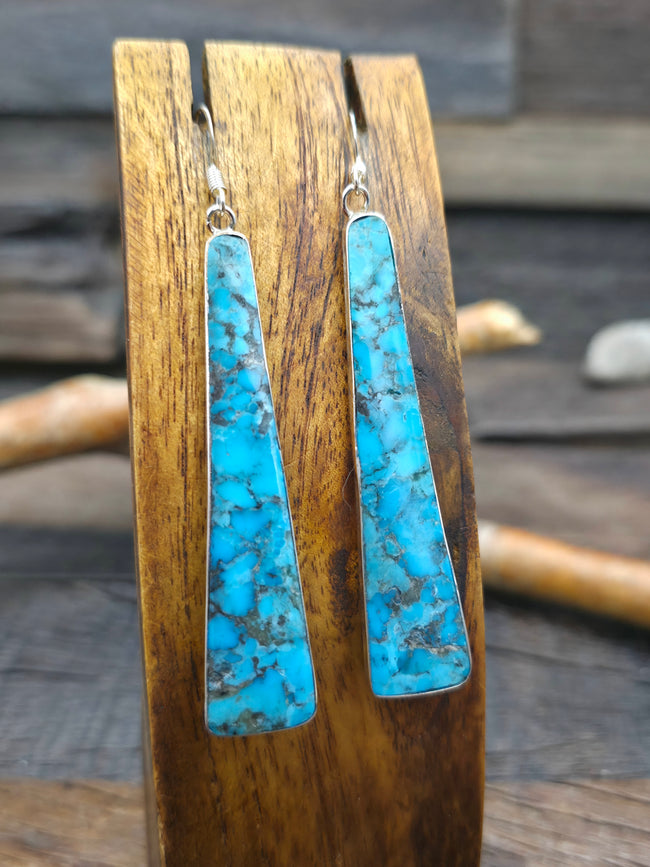 Long Turquoise Slab Earrings with Sterling Silver by Veronica Tortalita - 3 in. by 1/2 in.