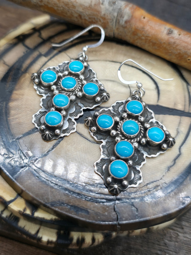 Sterling Silver Turquoise Cross Earrings by Geneva Apachito - 2 1/2" by 1 1/4"