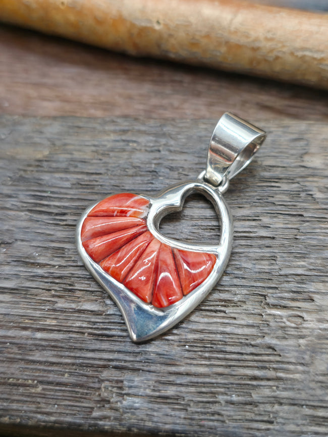 Sterling Silver Spiny Oyster Cobblestone Inlay Heart Pendant by Rick Tolino