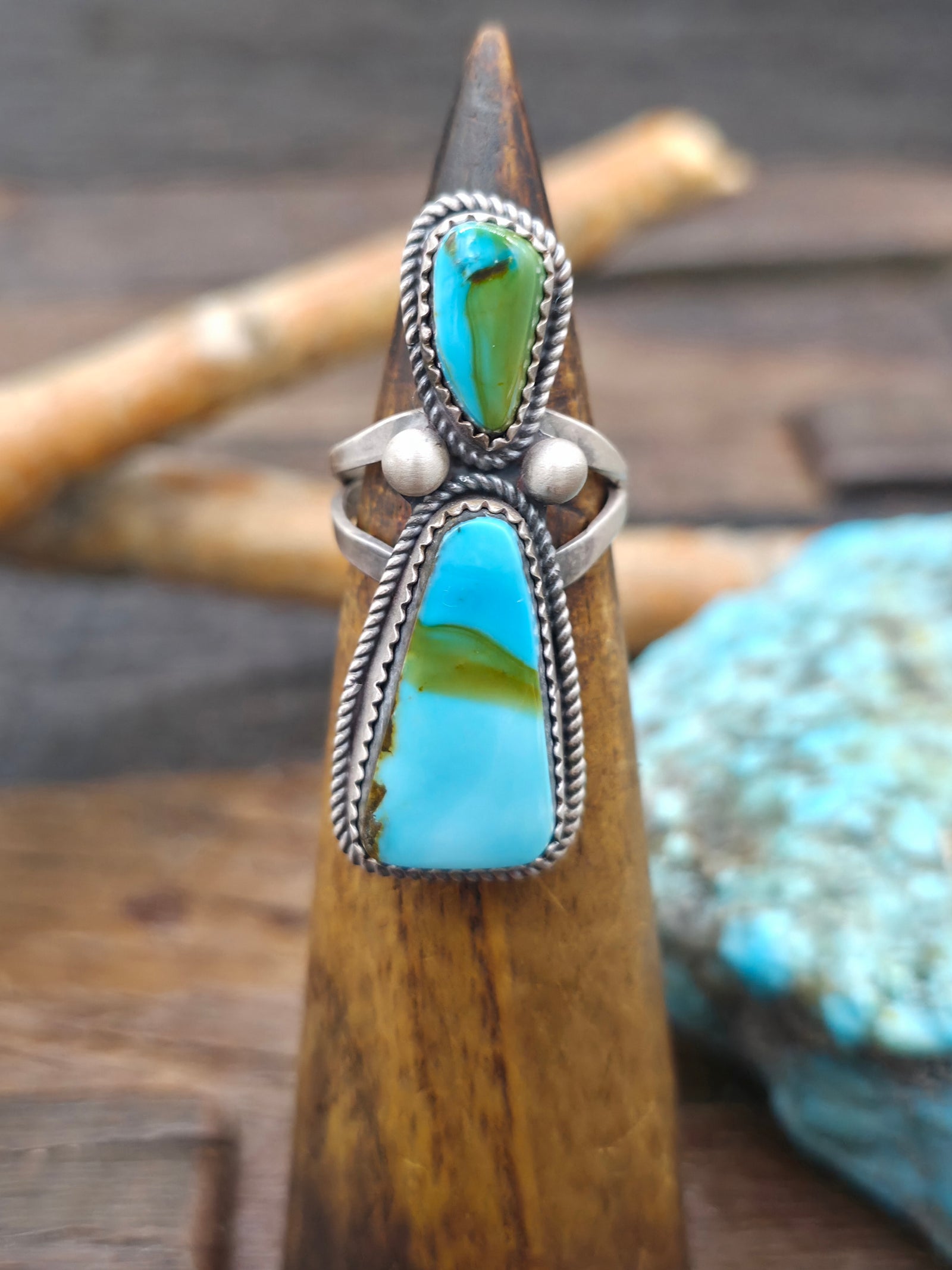 Two Stone Sterling Silver Candelaria Turquoise Ring by L. Ganado - Size 7 1/2