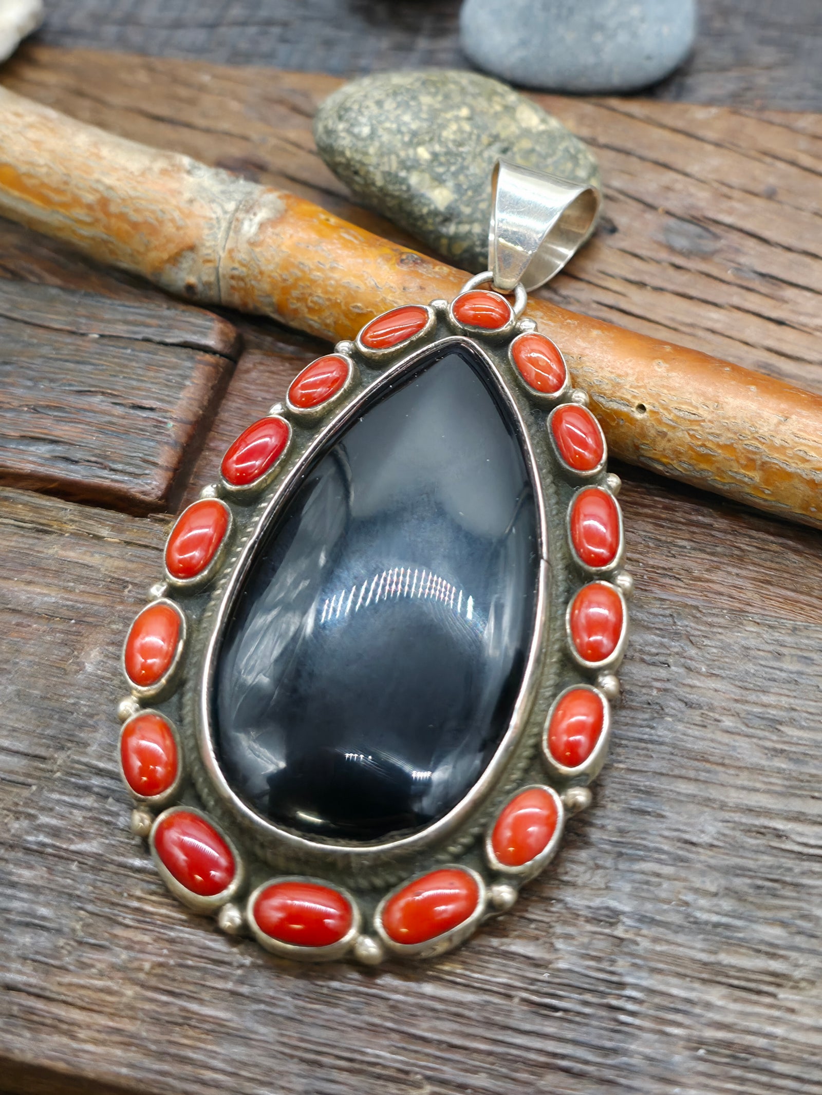 Large Sterling Silver Onyx and Coral Pendant by G. James - 3 1/2 in. by 2 in.