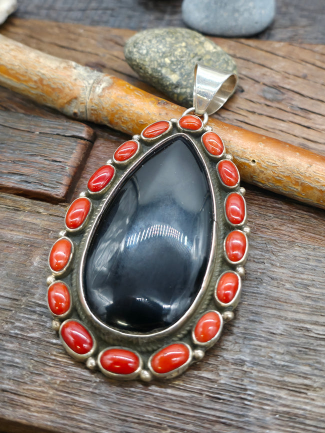 Large Sterling Silver Onyx and Coral Pendant by G. James - 3 1/2 in. by 2 in.