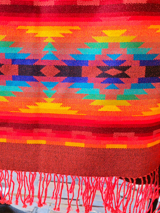 Red Blanket Print Poncho with Fringe - Black Reverse