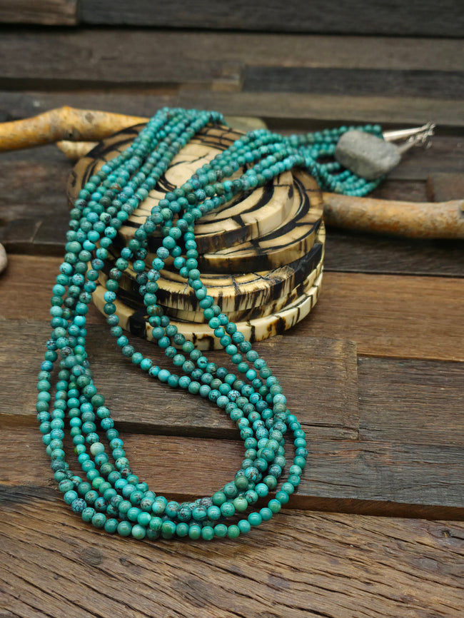 5 Strand Sky Horse Turquoise Bead Necklace w/Sterling Silver Cones - 32 in.